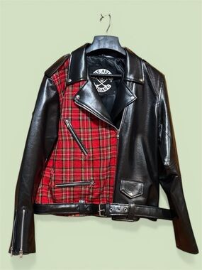 Black Faux Leather Moto Jacket with Red Plaid Lining